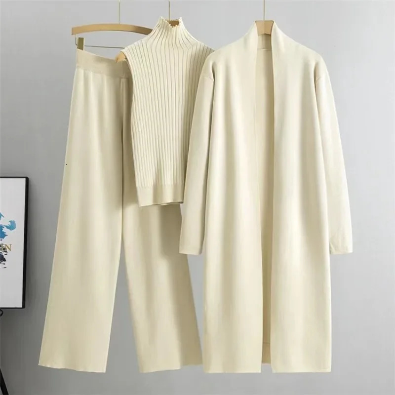 autumn 3-piece womens cardigan wool sweater fashionable knitted pants set winter womens solid sweater set retro fashion 241010