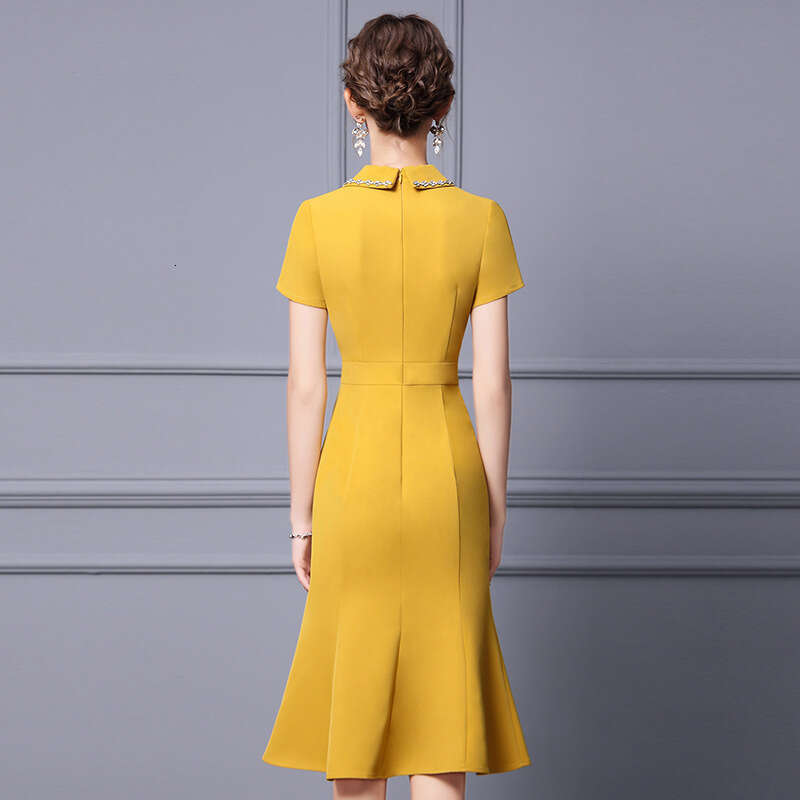 high-end summer dress suit collar nail diamond yellow waist slimming mid length fish tail skirt 2024 new style