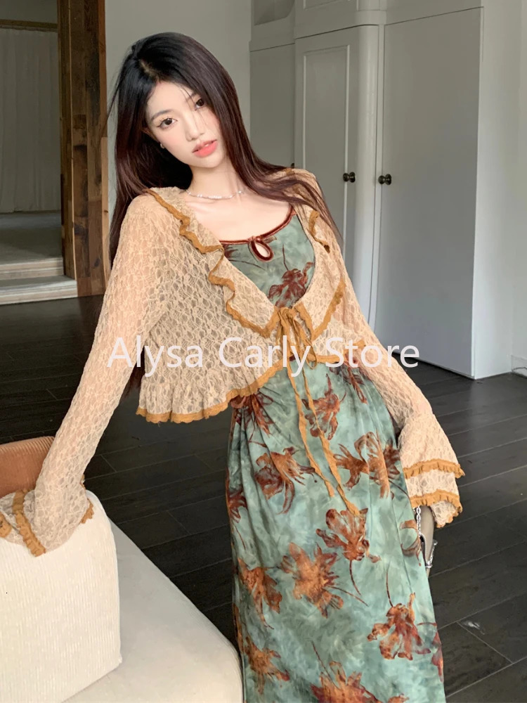 Retro elegant floral slip dress for women designed with a hollow open collar and featuring Korean velvet long skirt. Womens autumn matching two-piece 