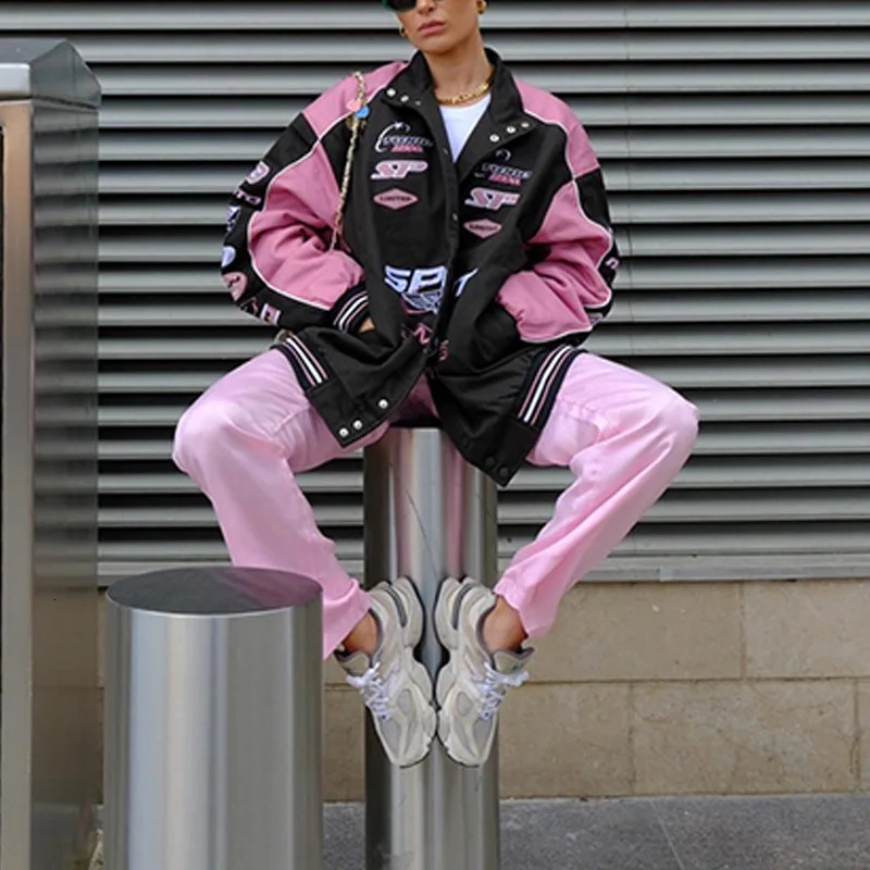 Trench Baseball Pink Jacket Varsity Y2K Streetwear Winter Women Clothes Long Racer Patchwork Jackets Letterman Coats 241011