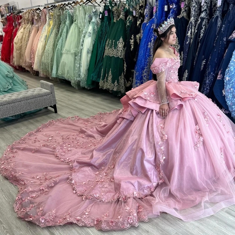 Pink Sparkly Princess Quinceanera Dresses Floral Applique Lace Beads Corset Vestidos De 15 Anos Party Birthday Lace Up Sweet 16 Dress