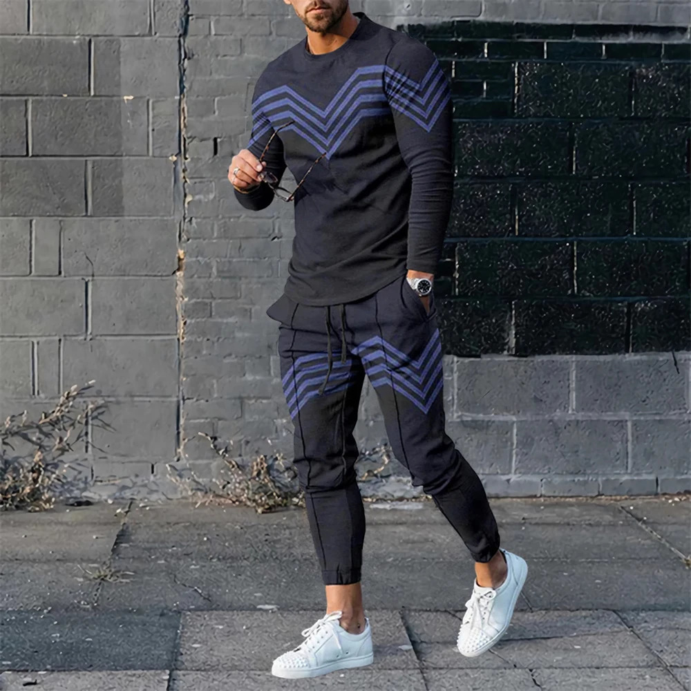 Fashionable mens long sleeved Tshirt set sports pants 3D printed casual clothing oversized track and field 2piece 241008