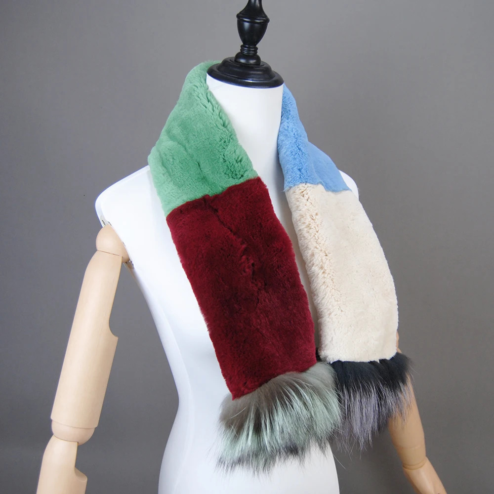 2024 Winter Women Genuine Knitted Fox Fur Scarf Real Rex Rabbit Fur Collar Warm Neck Natural colorful Rex Rabbit Fur Scarves 241009
