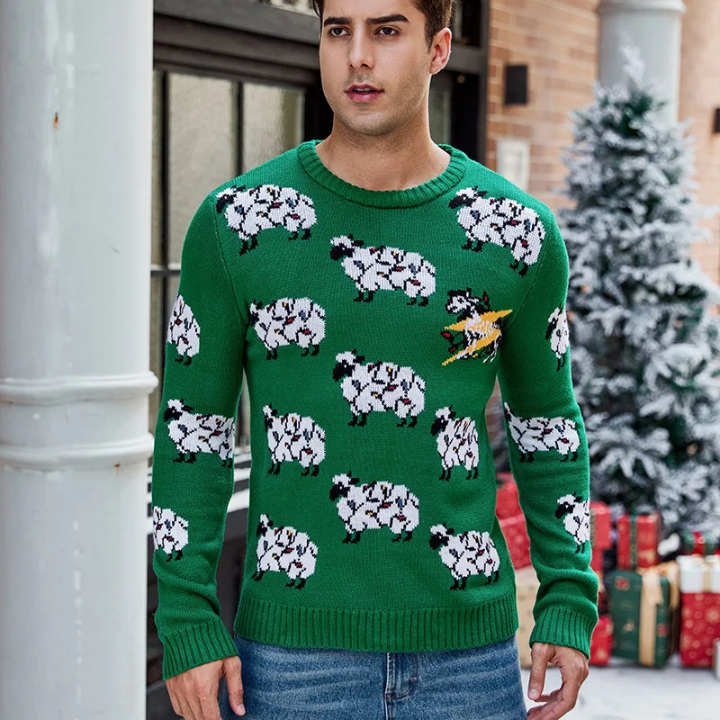 2024 Fall and Winter Alpaca Jacquard Long-sleeved Christmas Sweater Mens Casual Pullover Knitted Sweater 241009