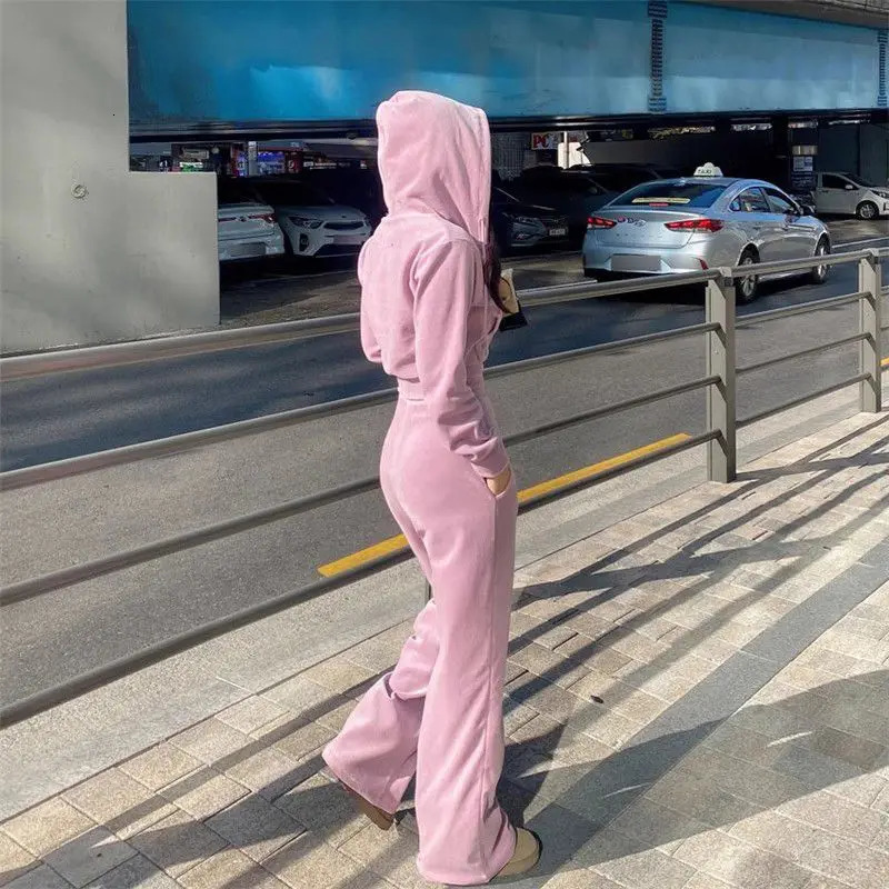 Autumn and Winter Velvet Pure Sports Set Womens Korean Fashion Cutting Hoodie Zipper Casual High Waist Pants Warm 241008
