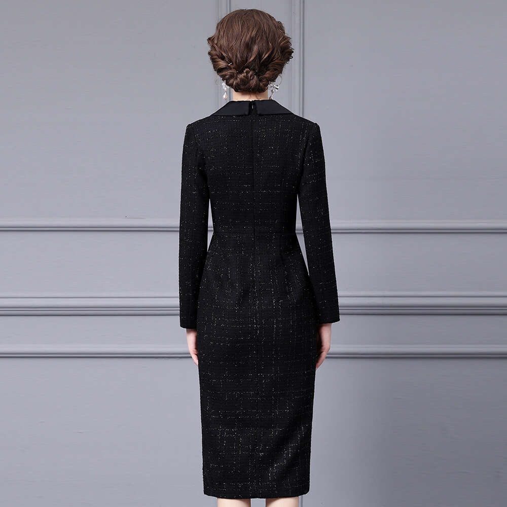 Smart high-end socialite temperament floral suit collar thick tweed to show off weight autumn hip hugging dress 2024 new style