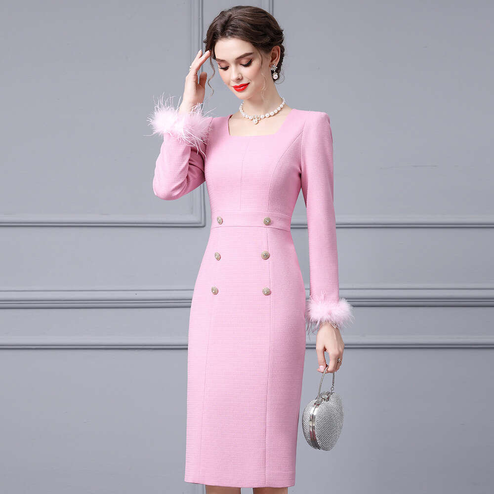 noblewoman brand womens ostrich fur decoration high waist slimming square neck split hip dress highlights figure