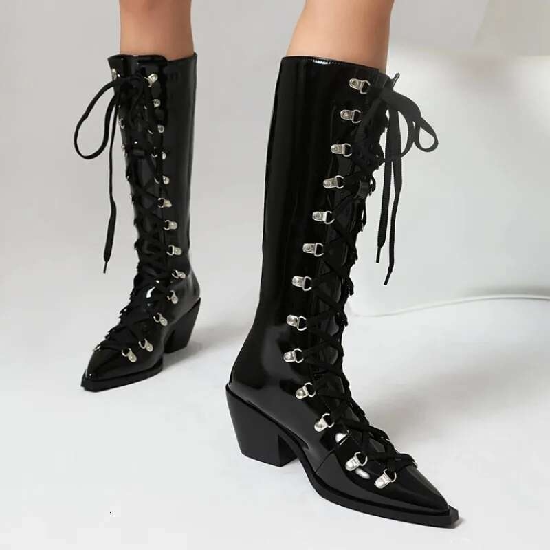 2024 European And American Style Patent Leather Pointed Toe Thick Front Lace Up For Women's Fashion Cross Tie Long Boots