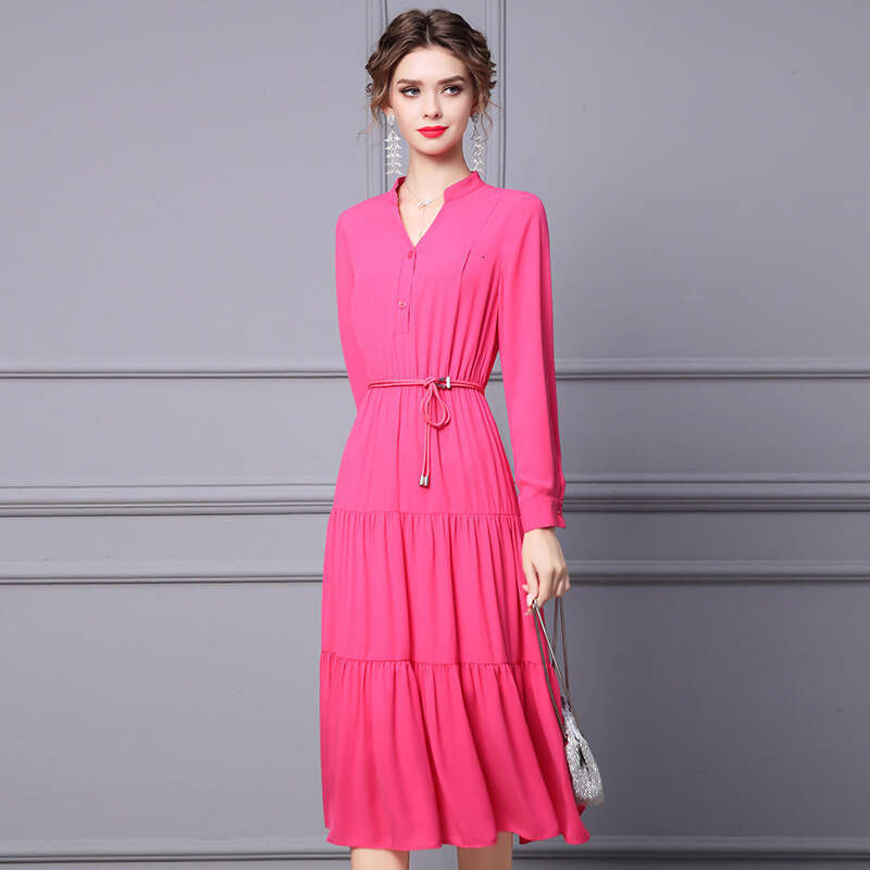 2024 autumn dress new gentle style long sleeved V-neck pleated lace up slimming mid length A-line skirt