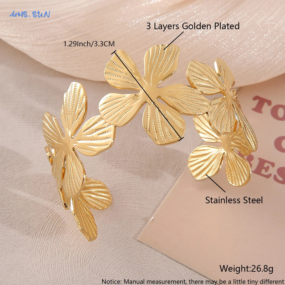 MHS. SUN elegant metal large flower wide opening bracelet suitable for women stainless steel gold-plated exquisite jewelry accessories 241007