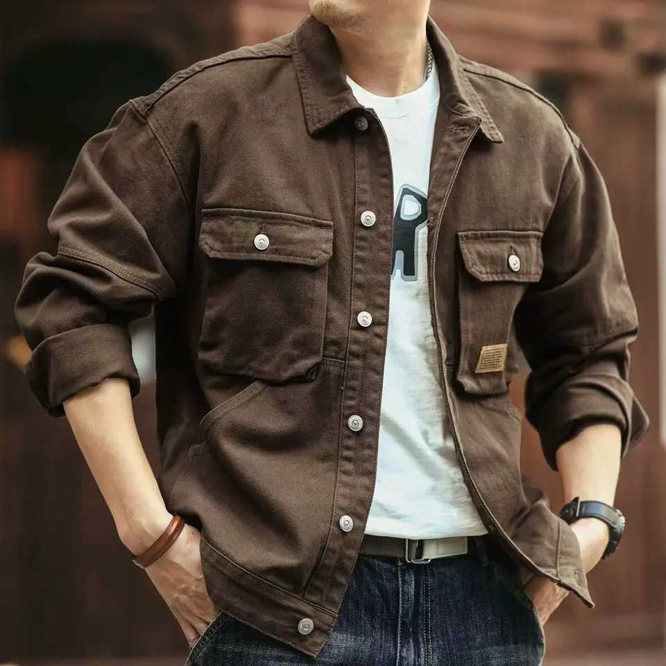 Mens denim jacket cargo button plus size brown denim jacket mens style wearing Korean popular clothing lowest price W241011