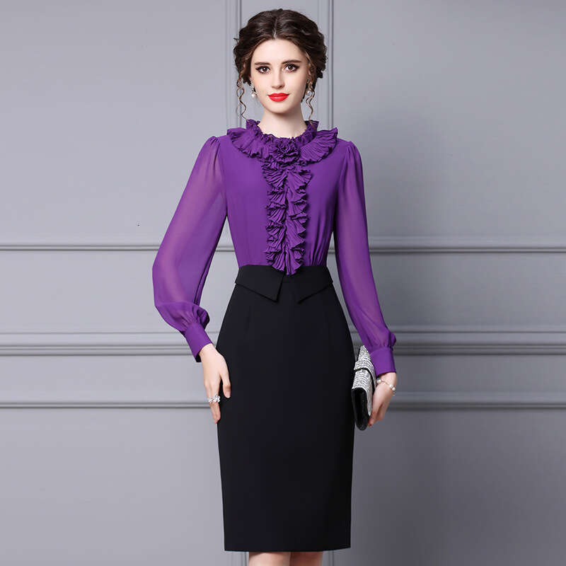 Autumn Dress for Women 2024 New Goddess Style High end Mushroom Edge Long Sleeve Waist cinching Slimming Skirt