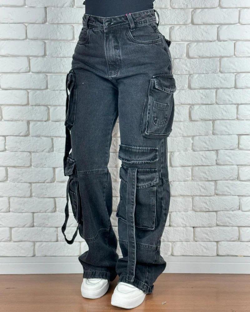 Women's Jeans Cargo Pants Women Street Fashion Vintage Washed Distressed High Waisted Woman Casual Wide Leg Baggy
