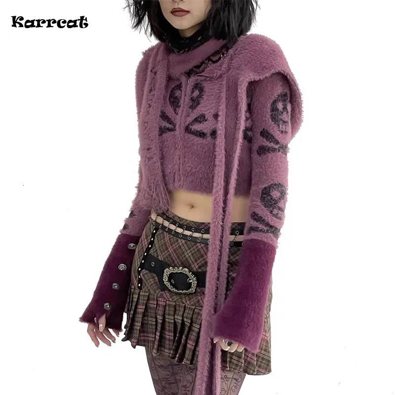 Karrcat Grunge Aesthetics Cropped Cardigan Vintage Y2k Hooded Knitted Sweater Gothic Skull Embroidery Knitwear Punk Style Emo 241007