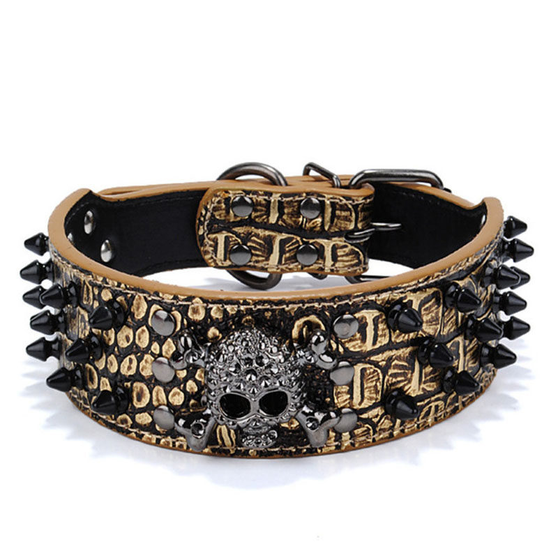 Dog Collar 3 Rows Bullet Rivets Studded PU Leather - Cool Skull Pet Accessories for Medium and Large Dogs