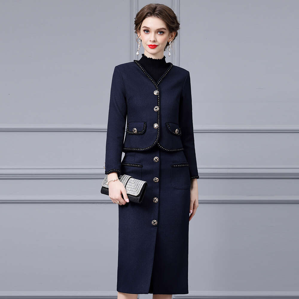 high-end temperament woven ribbon lace V-neck short top jacket with split half body hip hugging skirt two-piece set for autumn