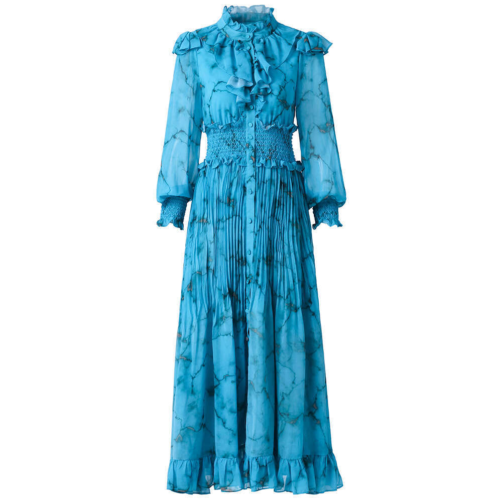 high-end printed dress 2024 new model with mushroom edge pleats high waisted stand up collar sleeved long skirt big swing autumn