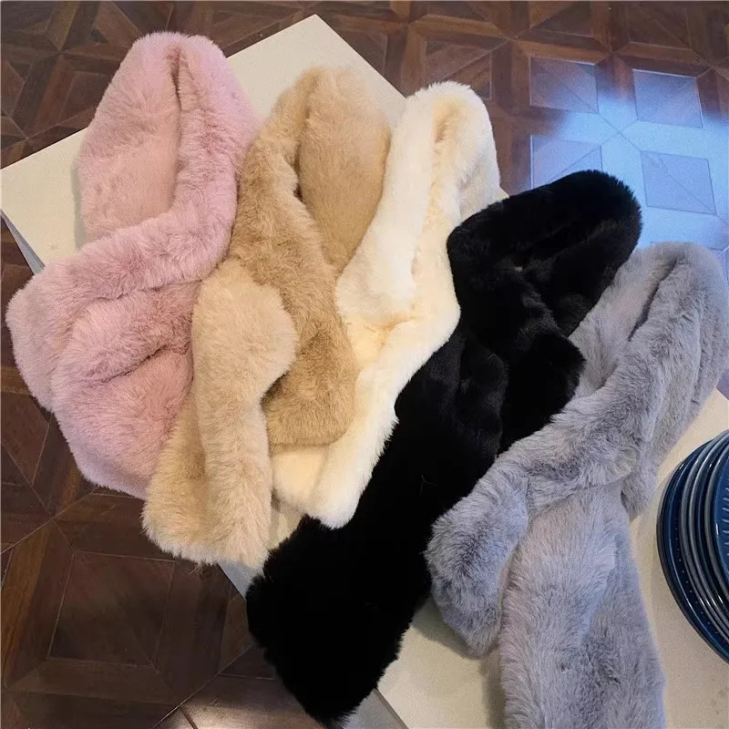 Korean Plush Faux Rabbit Fur Thick Plush Shawl Scarf for Female Winter Oudoor Windproof Solid Color Cross Neck Guard Warm Scarfs 241009