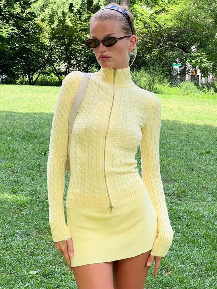 Sibybo Zip up Twist Knitted Sweater Womens Autumn and Winter Casual Turtle Neck Long Sleeve Open Knitted Sweater 241011