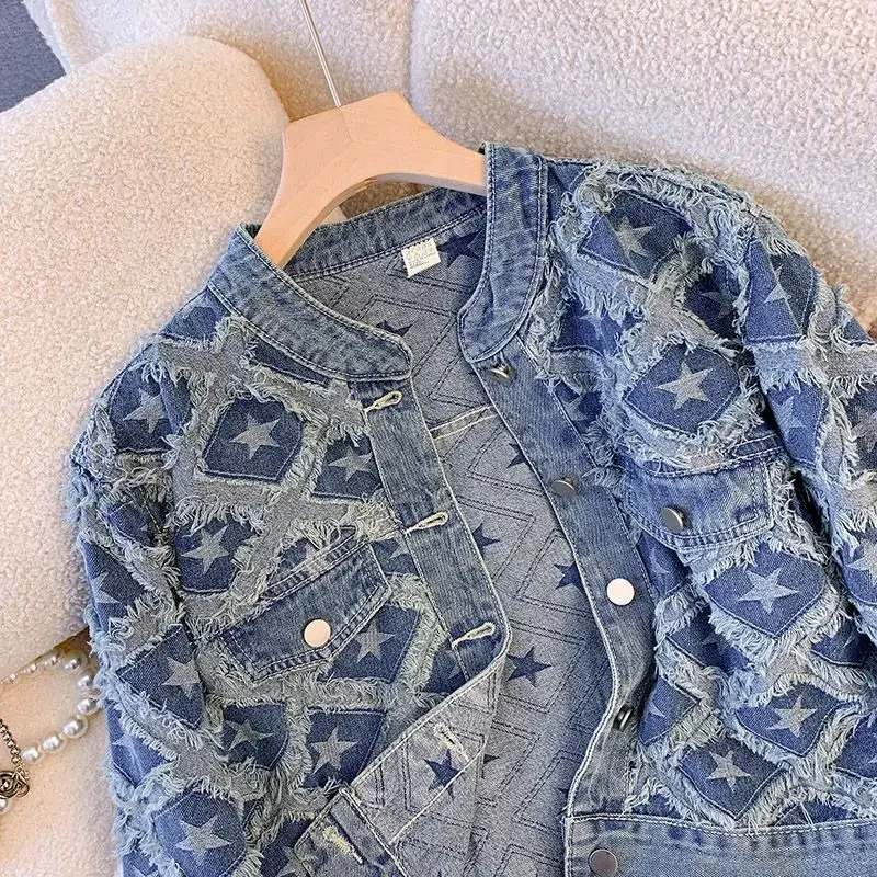 Little perfume Y2k Jacket Crop Top Tassel Star Print Single Breast Denim Coat Autumn Full Match n Vintage Womens Wear 240930