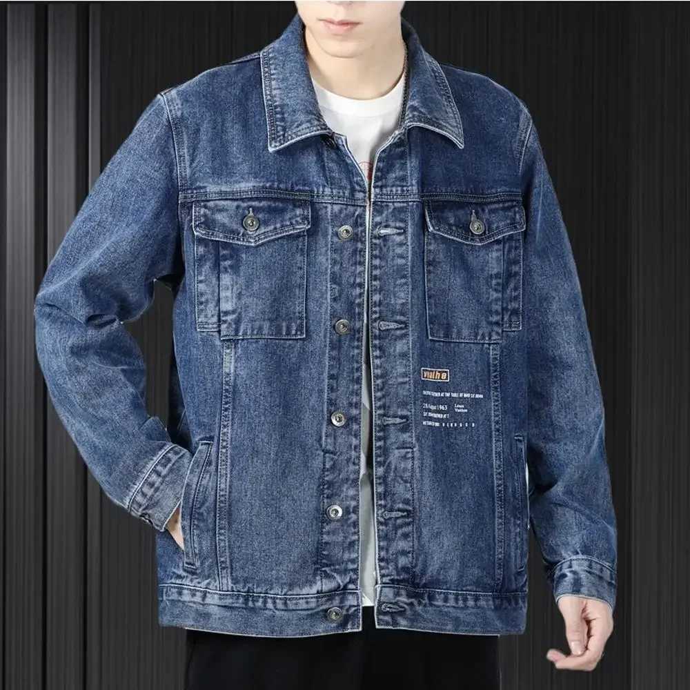 Grey autumn mens denim jacket button blue cargo mens Jean Coats retro winter oversized loose single piece fabric W241011