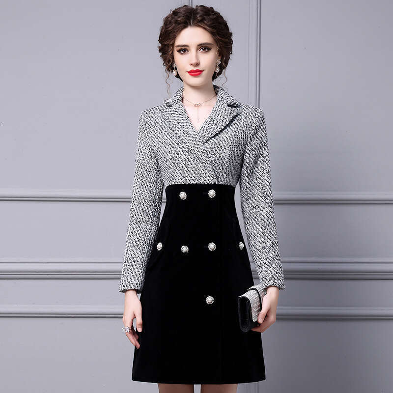 Thickened Early Autumn Dress 2024 New Style Slimming Woolen Suit Collar Velvet A-line Skirt