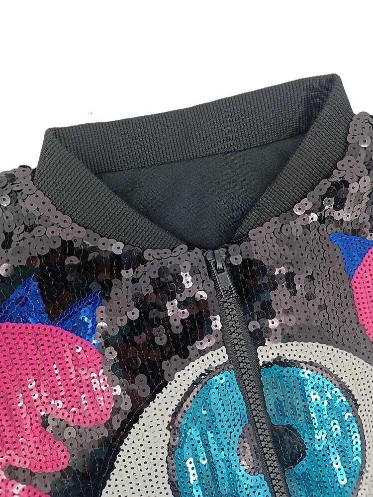 Y2K Streetwear Bling Eye Letter Sequin Women Jacket Hip Hop Juniors Colorful Baseball Bomber Cartoon Outwear 241011