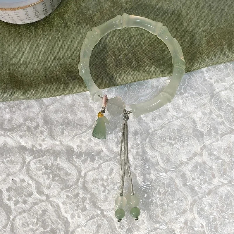 Chinese ancient style jade lotus bracelet Chinese style tassel high-end bamboo bracelet series jewelry gift for women 241007