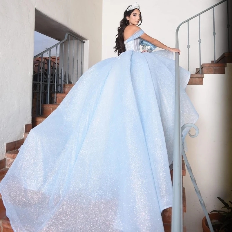 Sky Blue Shiny Off Shoulder Ball Gown Quinceanera Dress Appliques Lace Beads Tull Corset Vestido De 15 Anos Sweet 16 Dress
