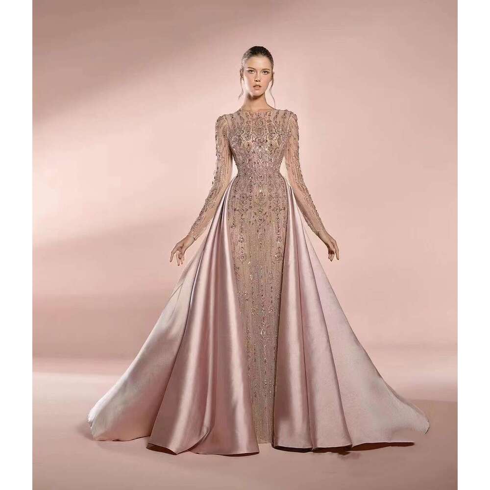 Women's Long Sleeve Round Neck Lace Evening Embroidered Beaded with Classic Sweep Train Prom Dresses Birthday Party Dress