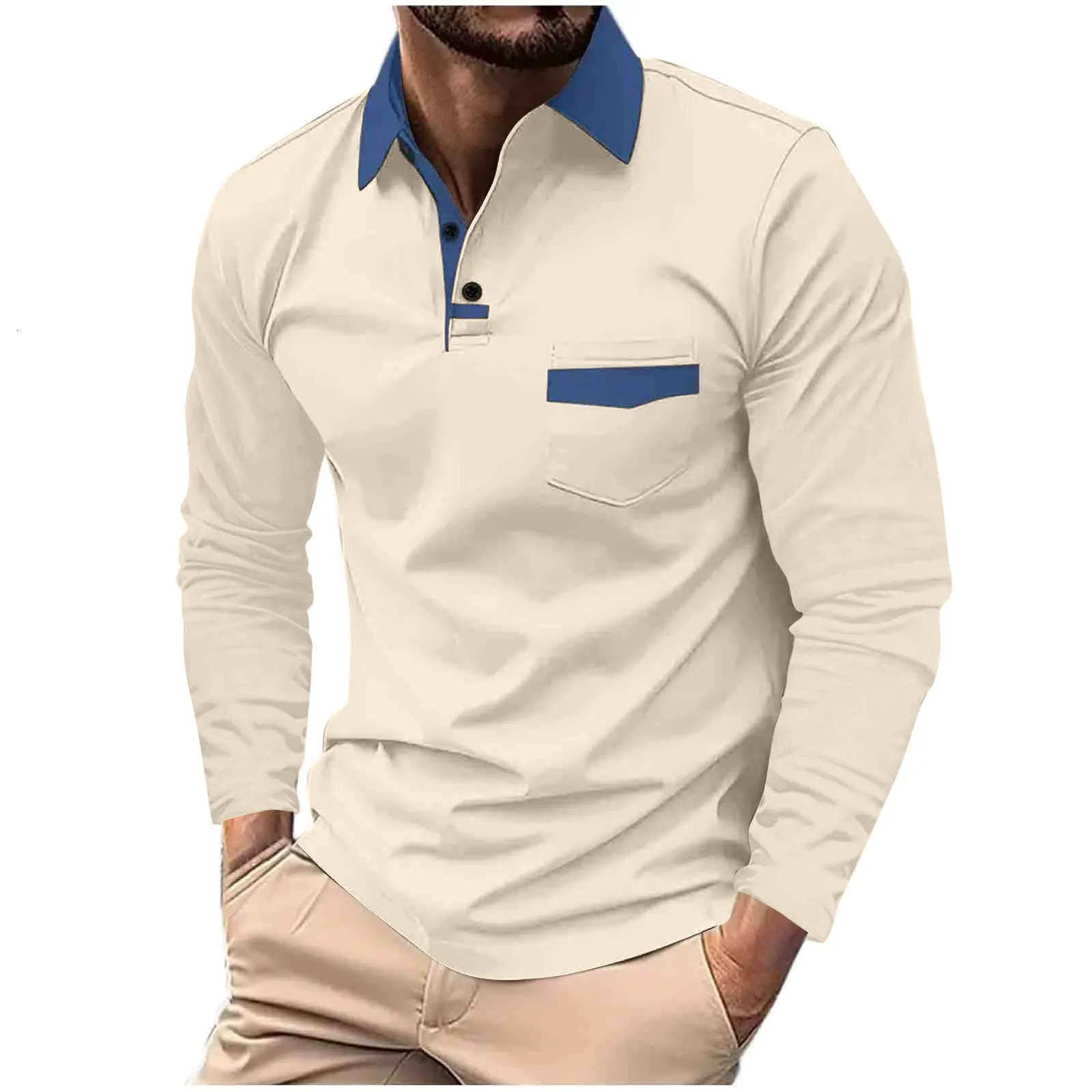 Autumn mens sports poro shirt long sleeve polyester fiber breathable lapel color matching blazer 241010