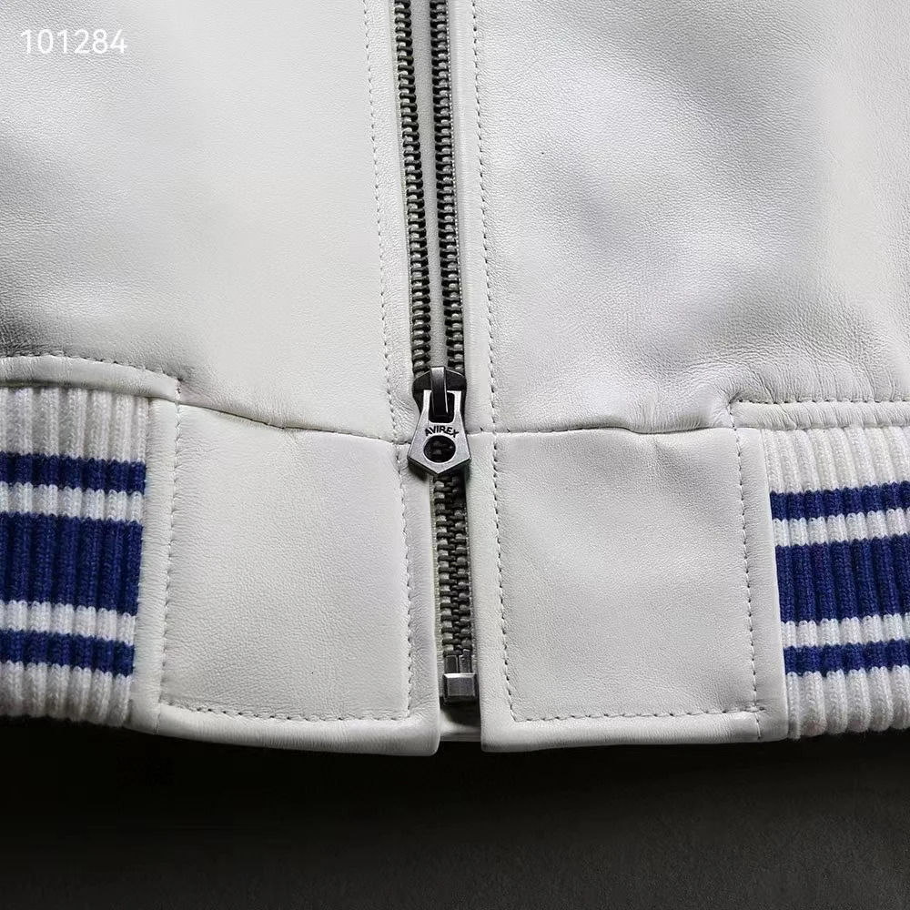 White baseball outfit leather jacket thickened French sheepskin spring and autumn mens American size top 241011