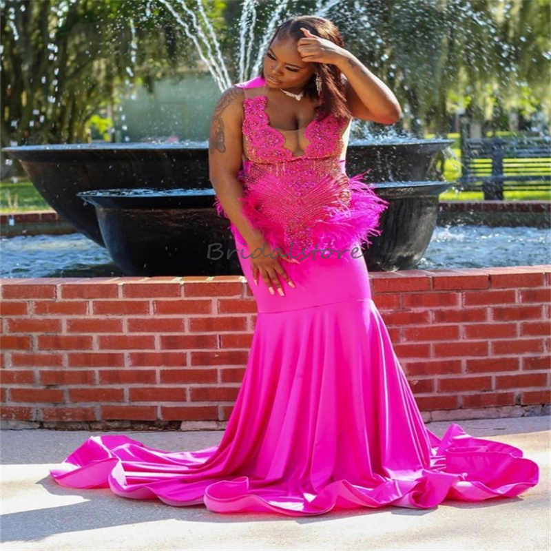 Hot Pink Luxury Prom Dresses 2025 Plus Size Diamond Crystal Mermaid Evening Dress Black Girls Feather Birthday Dresses Nigerian African vestidos de fi