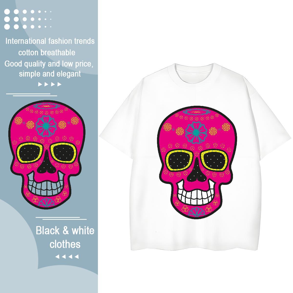 TOP Quality Women T Shirts 100% Cotton 230g Breathable Short Sleeve Outdoor skull Woman Tshirt Unisex White Plus Size Clothes Shirt
