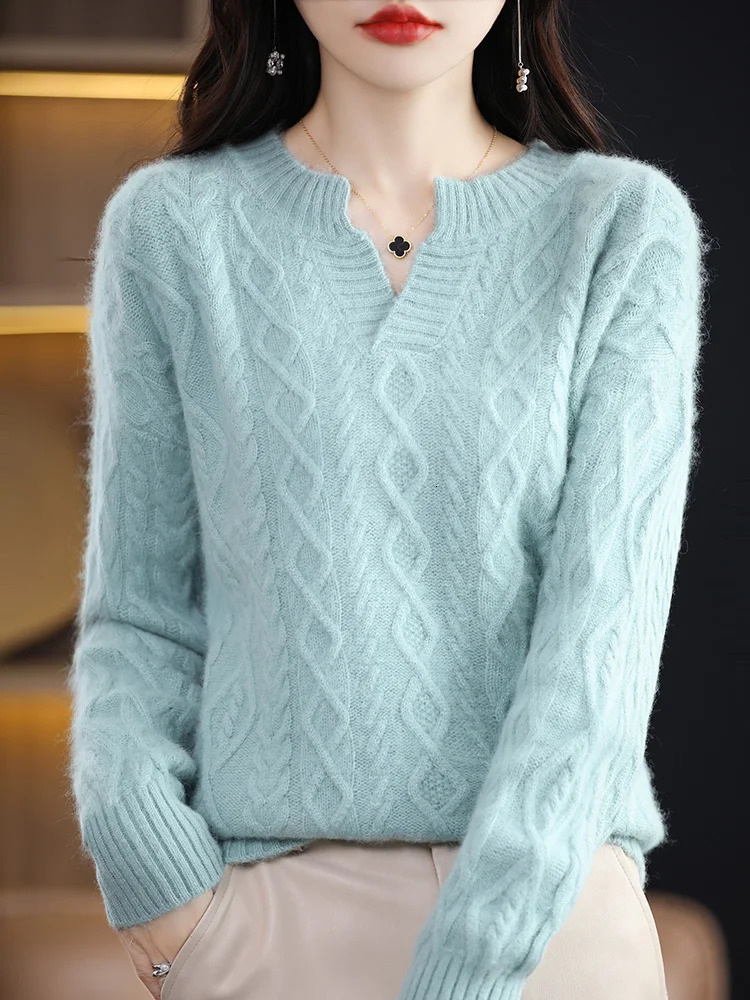 100% pure mink cashmere sweater for women V-neck thick knitted floral fashion jacquard plus size jacket autumn clothing 241011