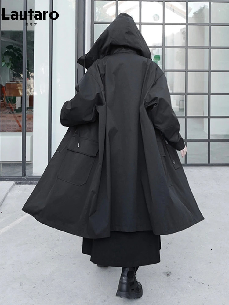 Lautaro Spring Autumn Long Oversized Black Trench Coat with Hood Dark Academia Aesthetic Clothes for Women 241008