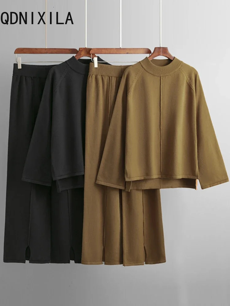 2-piece womens winter casual knitted track suit O-neck split sweater wide leg pants set womens knitted two-piece set 241010