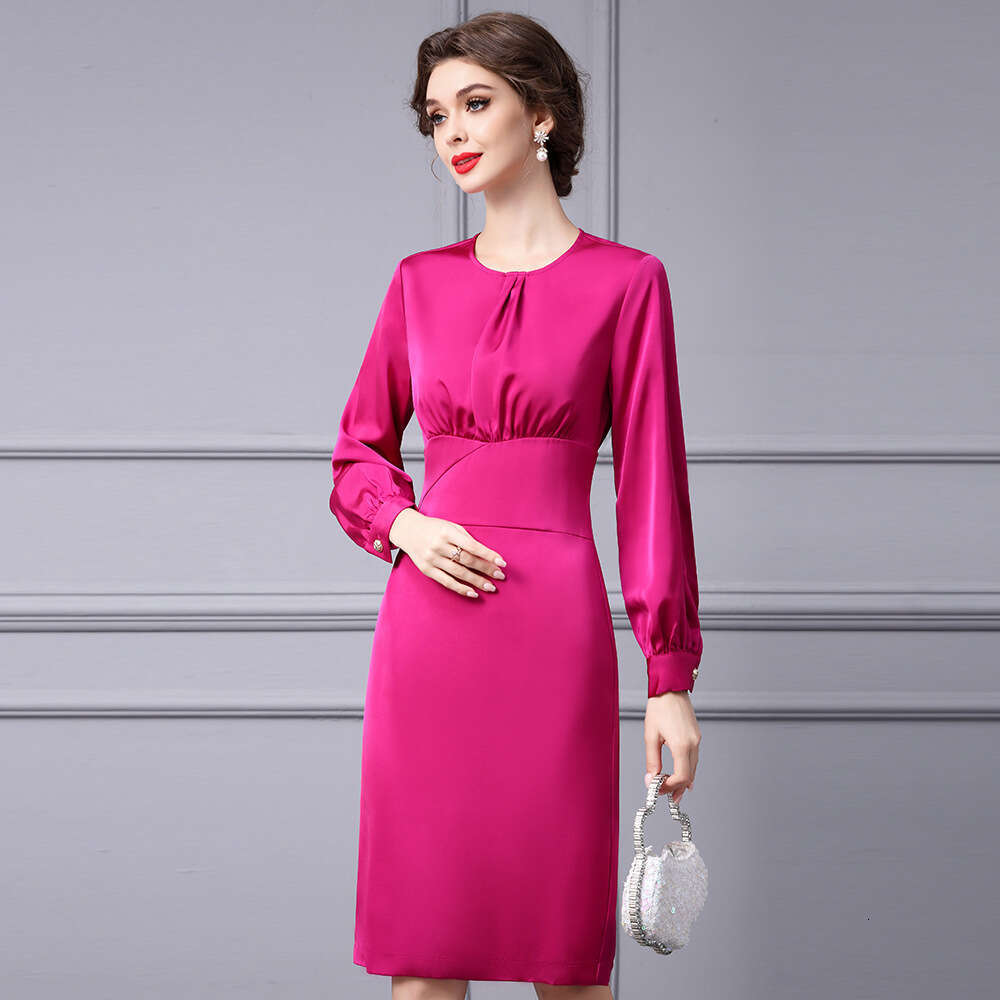 Smart intellectual elegant style 2024 autumn new item high-end feeling rose red temperament waist cinching and slimming long sleeved dress
