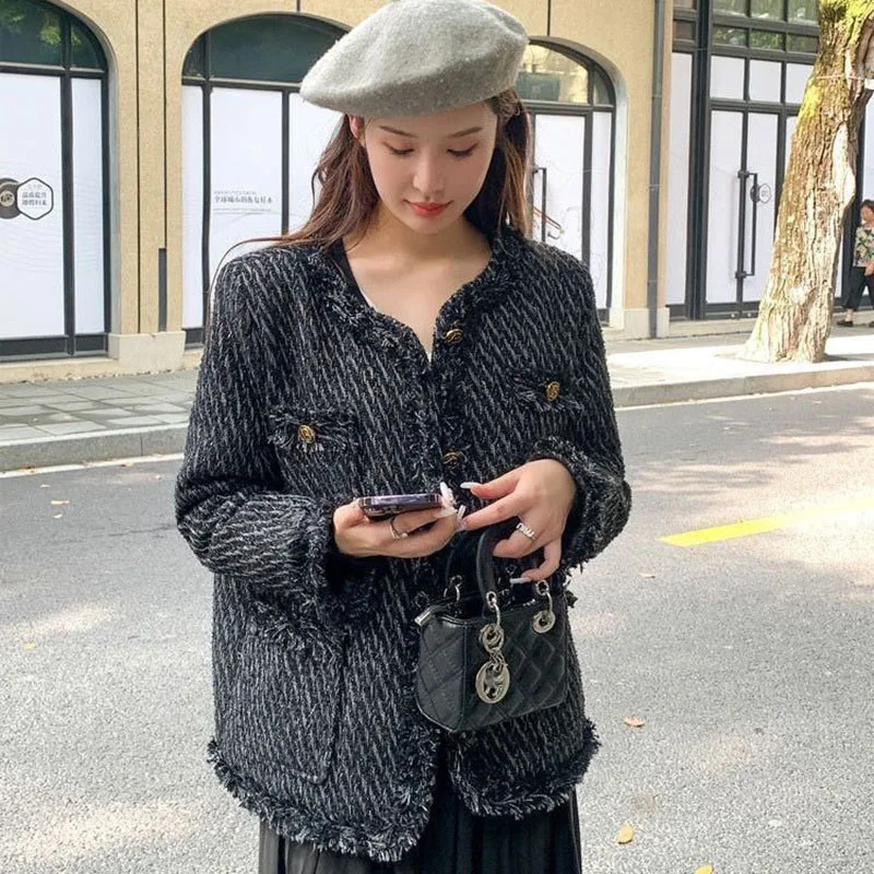 Lucyever Temperament Tweed Black Jacket Women Elegant Thicken Single Breasted Outerwear Ladies Korean with Pocket Office Coat 241011