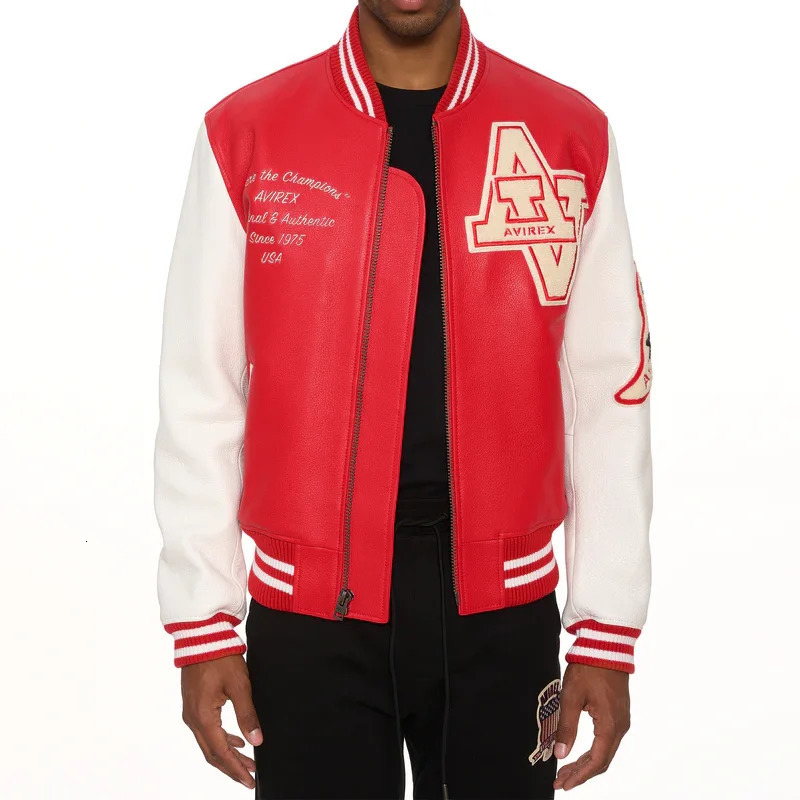 Mens leather jacket embroidered French sheepskin winter classic warm baseball 241011