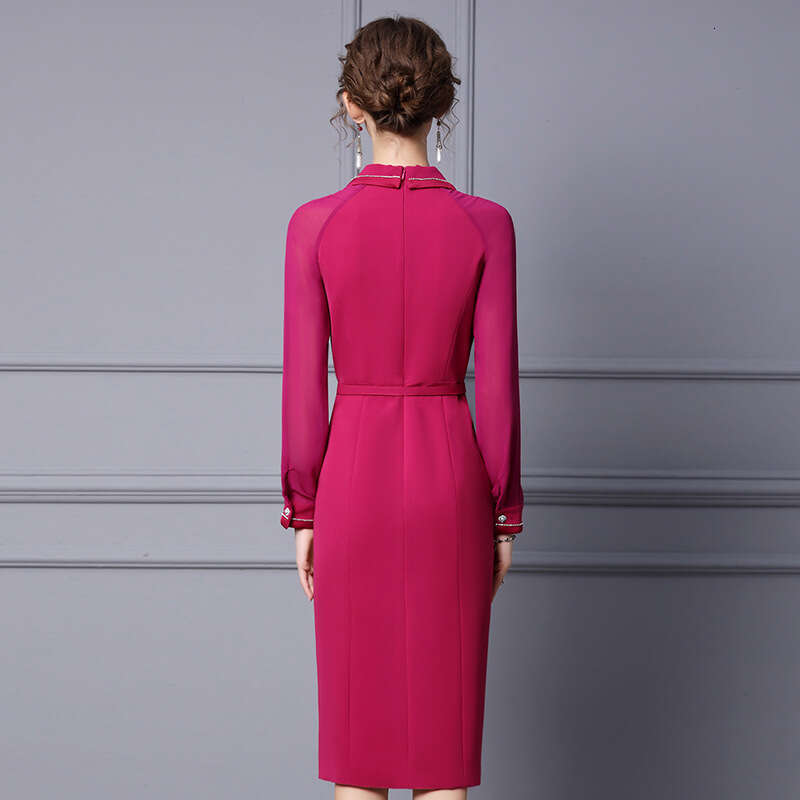 Purple Red Dress 2024 New Womens Autumn Suit Collar Long Sleeve Bundle Belt Concealing Meat Medium Length Skirt