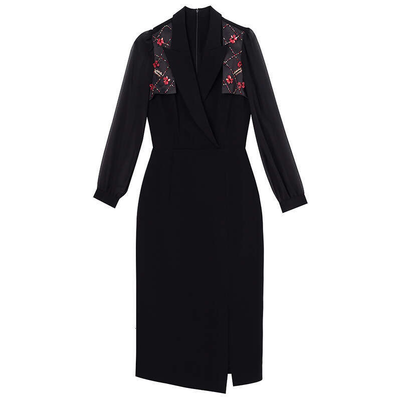 autumn dress new 2024 stylish green suit collar nail diamond high-end split hip skirt looks slim