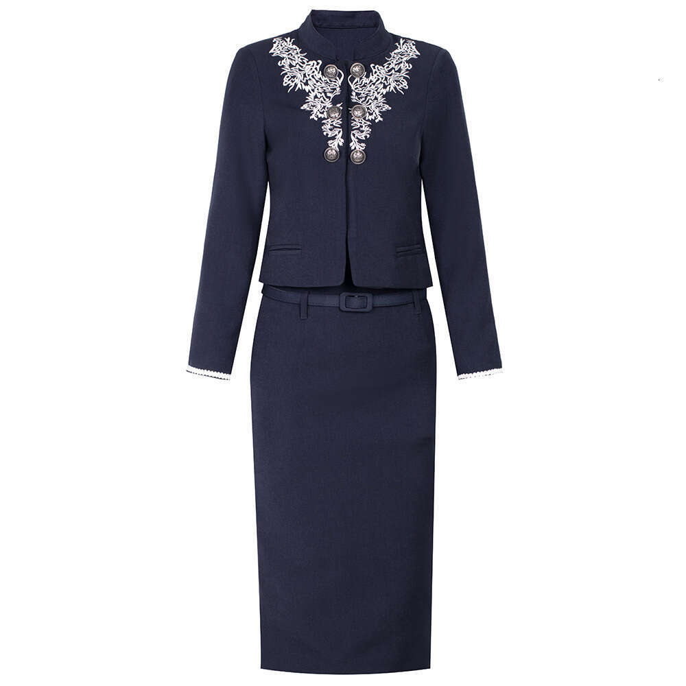 New Chinese style Hand Embroidered Small Stand up Collar Short Coat with Belt Half body Bag Hip Skirt Two piece Set 2024 Autumn