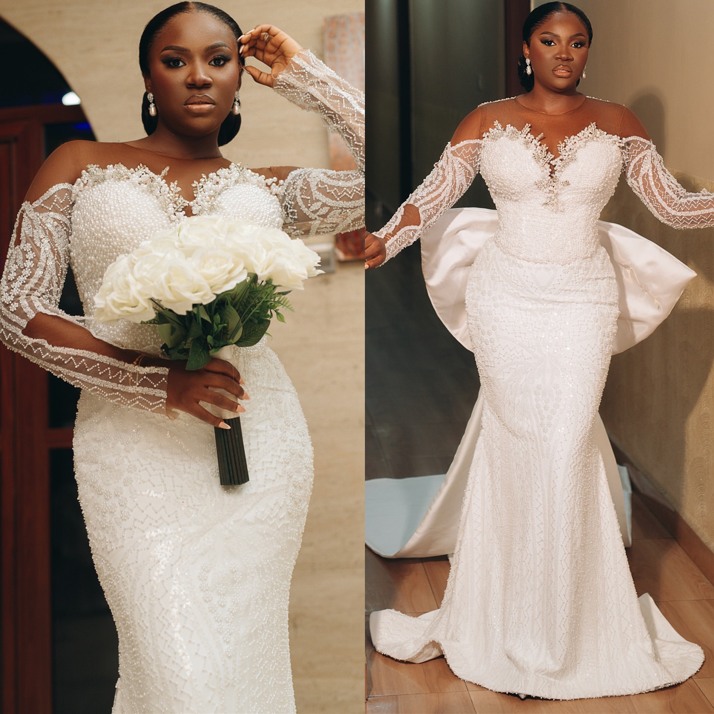 2024 Arabic Aso Ebi Plus Size White Mermaid Wedding Dresses Pearls Sequined Lace Detachable Train Full Sleeves Luxurious Bridal Gowns Dress