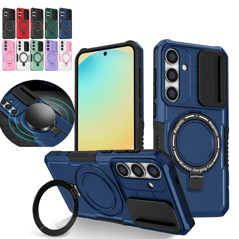Slide Window Camera Protection Heavy Duty Shockproof Armor Bracket Ring Stand Magnetic For Magsafe Wireless Charging Case For Samsung S21 S22 S23 FE S