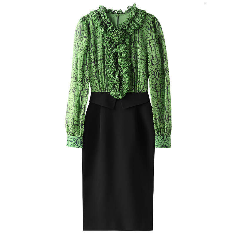 Autumn Dress for Women 2024 New Formal Occasion Bubble Lotus Leaf Edge Long Sleeves Hip Wrapping Skirt