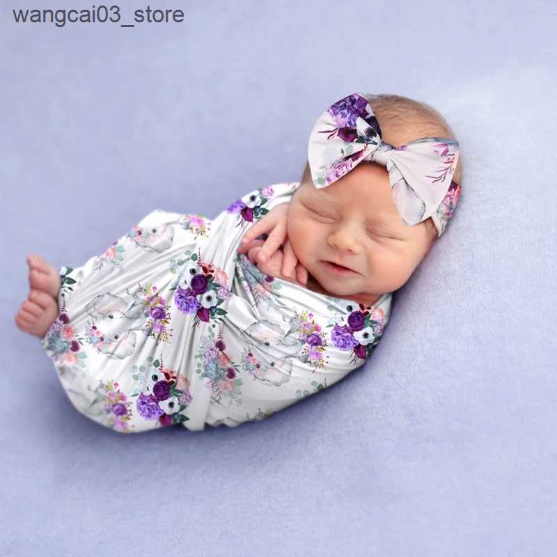 Blankets Swaddling Baby Receiving Blanket Headband Set Infant Floral Printing Swaddle Muslin Wrap Newborn Photography Prop Blankets For Newborn L24091