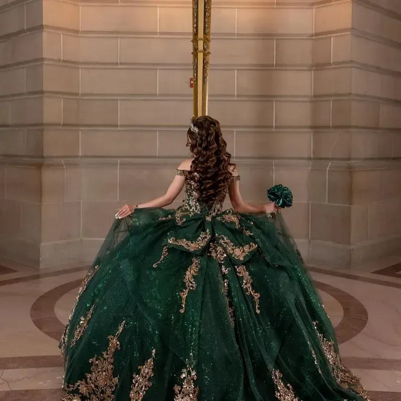 Emerald Green Off The Shoulder Bow Quinceanera Dresses Ball Gown Gold Sequined Appliques Beading Corset Vestidos De 15 Anos Girls 16