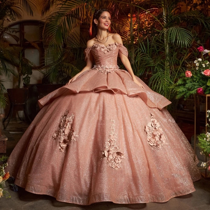 Rose Gold Shiny Ball Gown Princess Quinceanera Dresses Off Shoulder Flower Tulle Sweet 16 Dress Birthday Party Vestidos De 15 Anos
