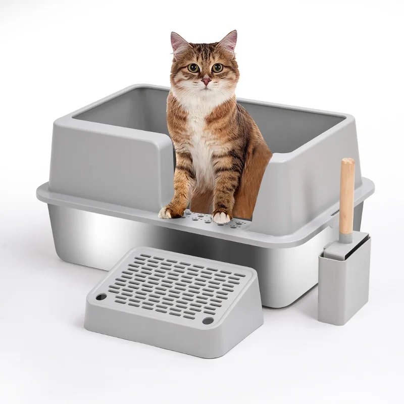 Pet Extra Large Stainless Steel Cat Litter Box with High Wall Enclosure Non-Stick Leak Proof Easy to Clean For Comfortable Use